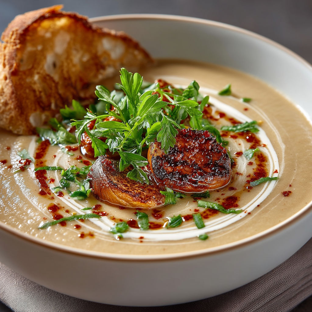 Une portion de velouté de châtaignes avec des herbes et des lardons.