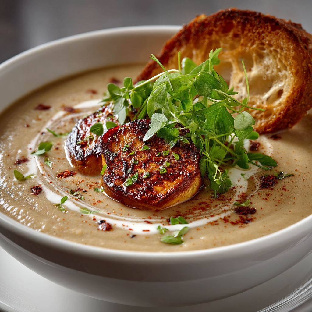 Une soupe chaude avec des légumes verts et des tranches de pain grillé.