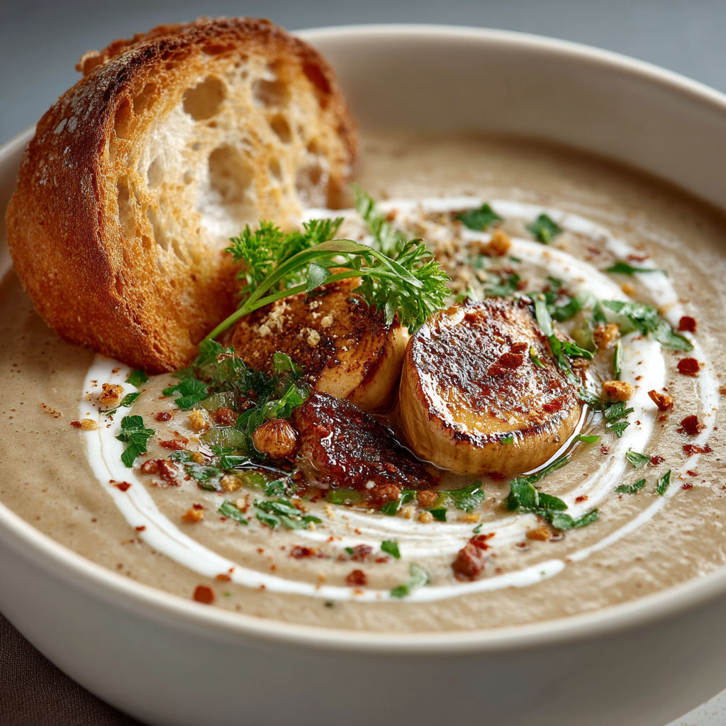 Une soupe chaude avec des légumes et du pain grillé.