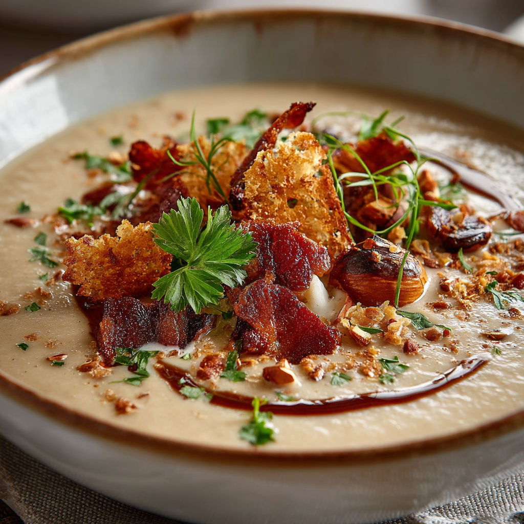 Une soupe chaude avec des bacon et des noix.
