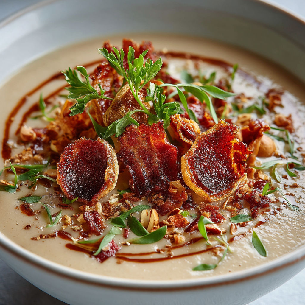 Une soupe chaude avec des bacon et des herbes.
