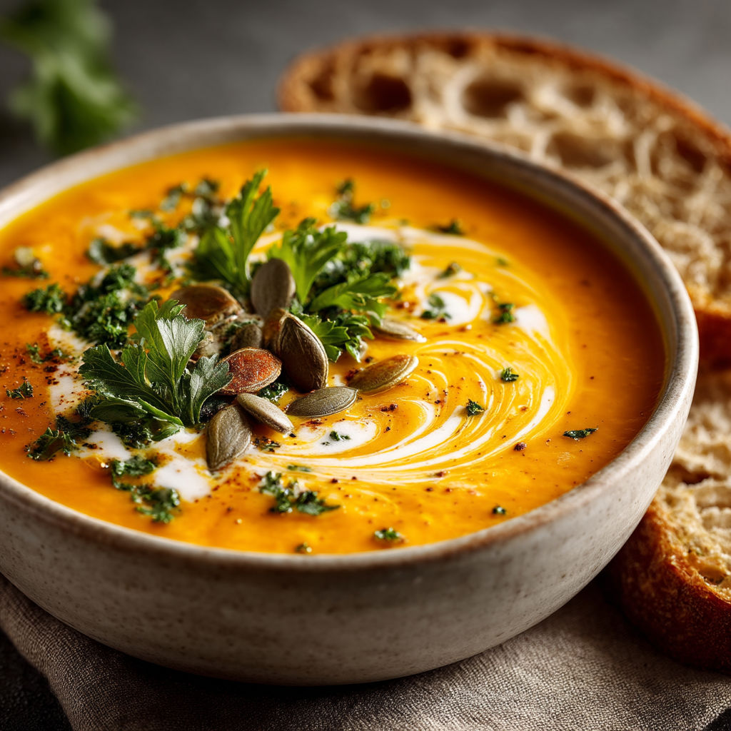 Une soupe de potimarron et châtaignes est servie dans un bol en terre.