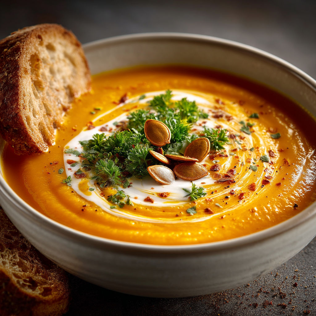 Une soupe chaude avec des noix et du persil.