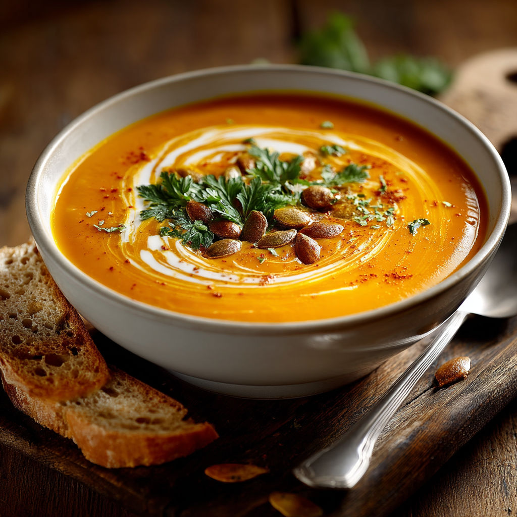 Une soupe chaude avec des herbes et des graines dans un bol.