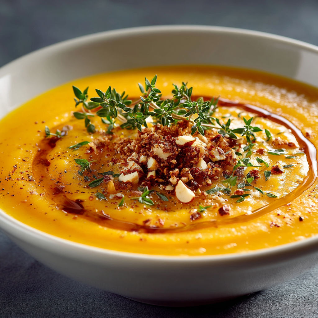 Une soupe chaude avec des herbes et des noix de cajou.
