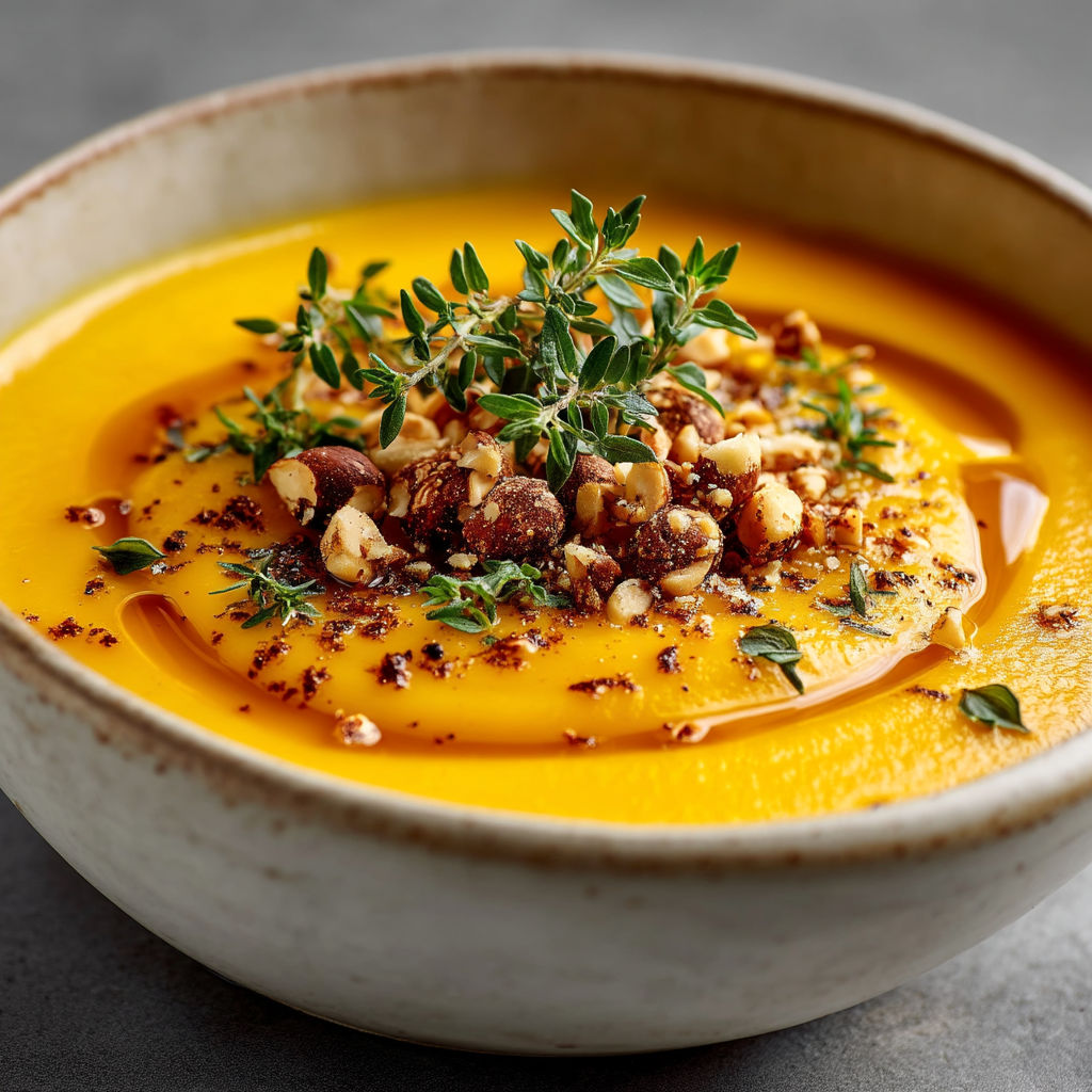 Une soupe chaude avec des noix et des herbes.