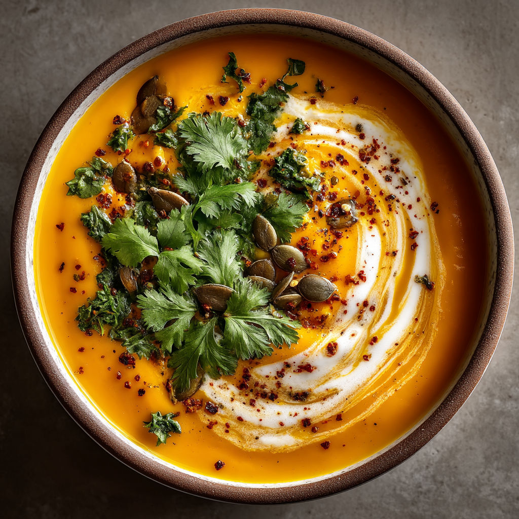 Une soupe chaude avec des épinards et des noix.