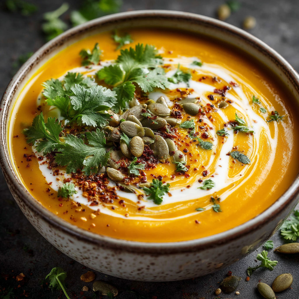 Une soupe chaude avec des herbes et des graines.