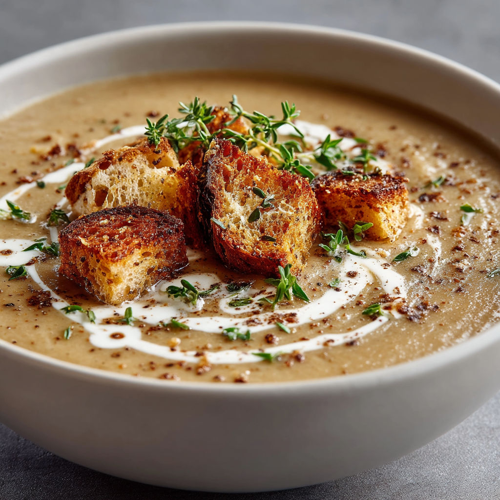 Une soupe chaude avec des tranches de pain grillé et des herbes.