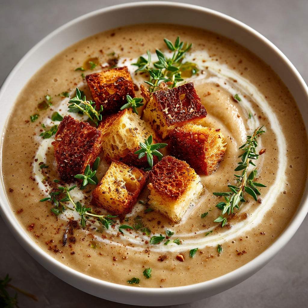 Une assiette de velouté de châtaignes au thym.