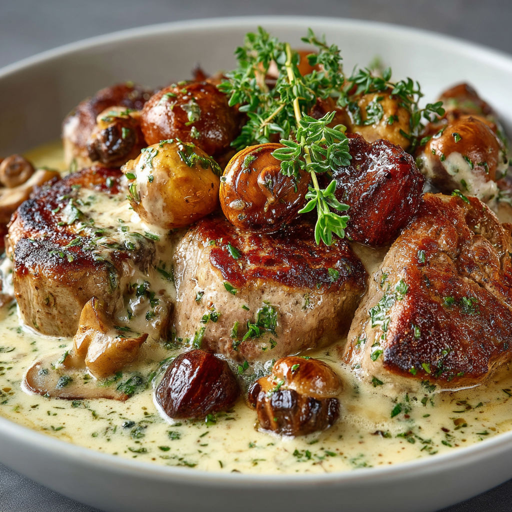 Filet mignon de porc aux châtaignes, crème et thym.