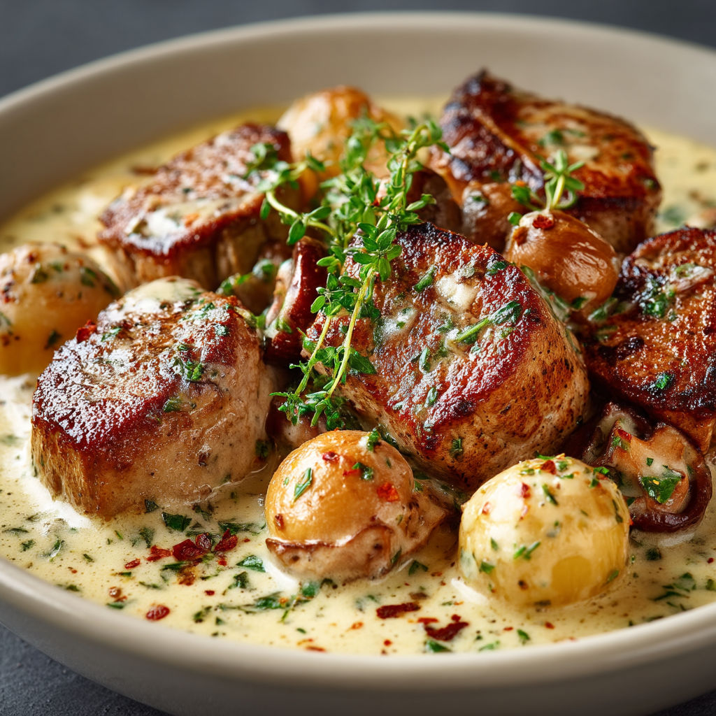 Une assiette de viande avec des légumes et des champignons.