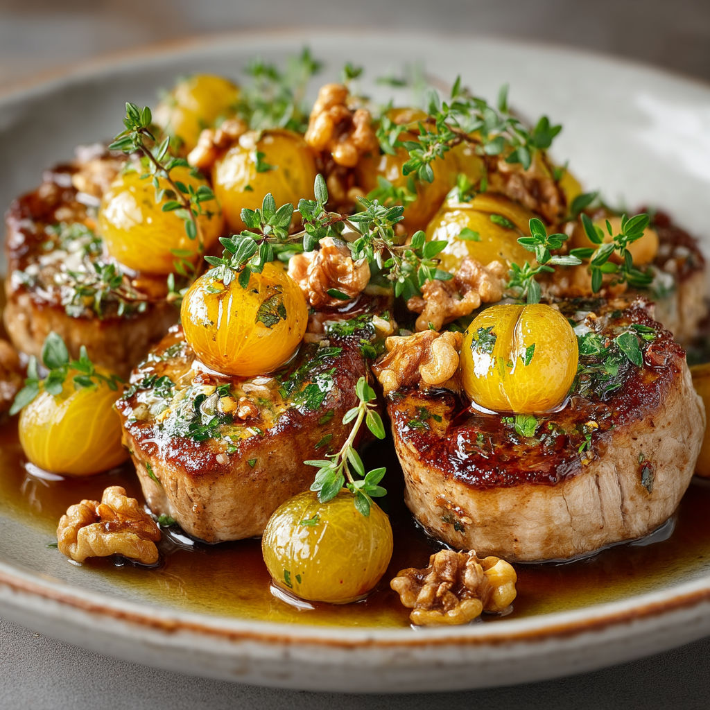 Un plat de viande avec des légumes et des noix.