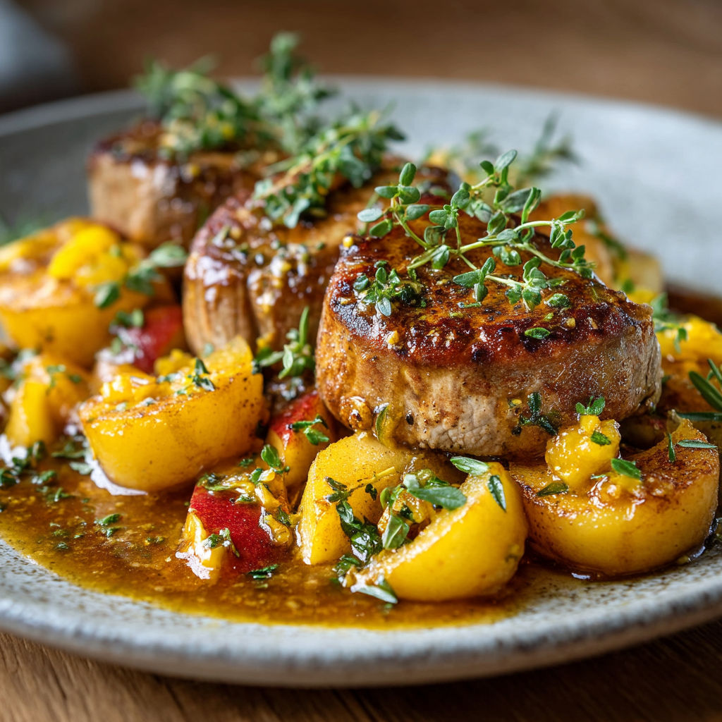 Filet mignon aux pommes, curry et chutney de mangues.