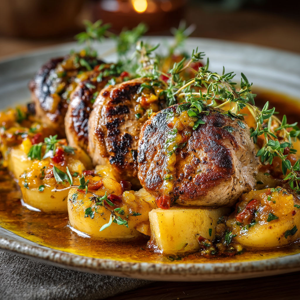 Un plat de viande grillée avec des herbes et des légumes.