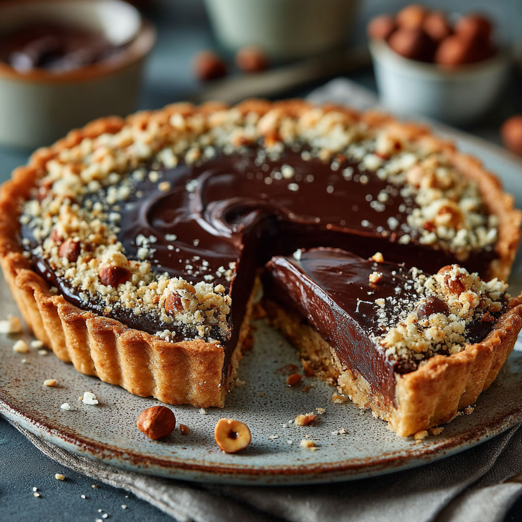 Une tarte chocolat noisettes est servie sur un plateau.