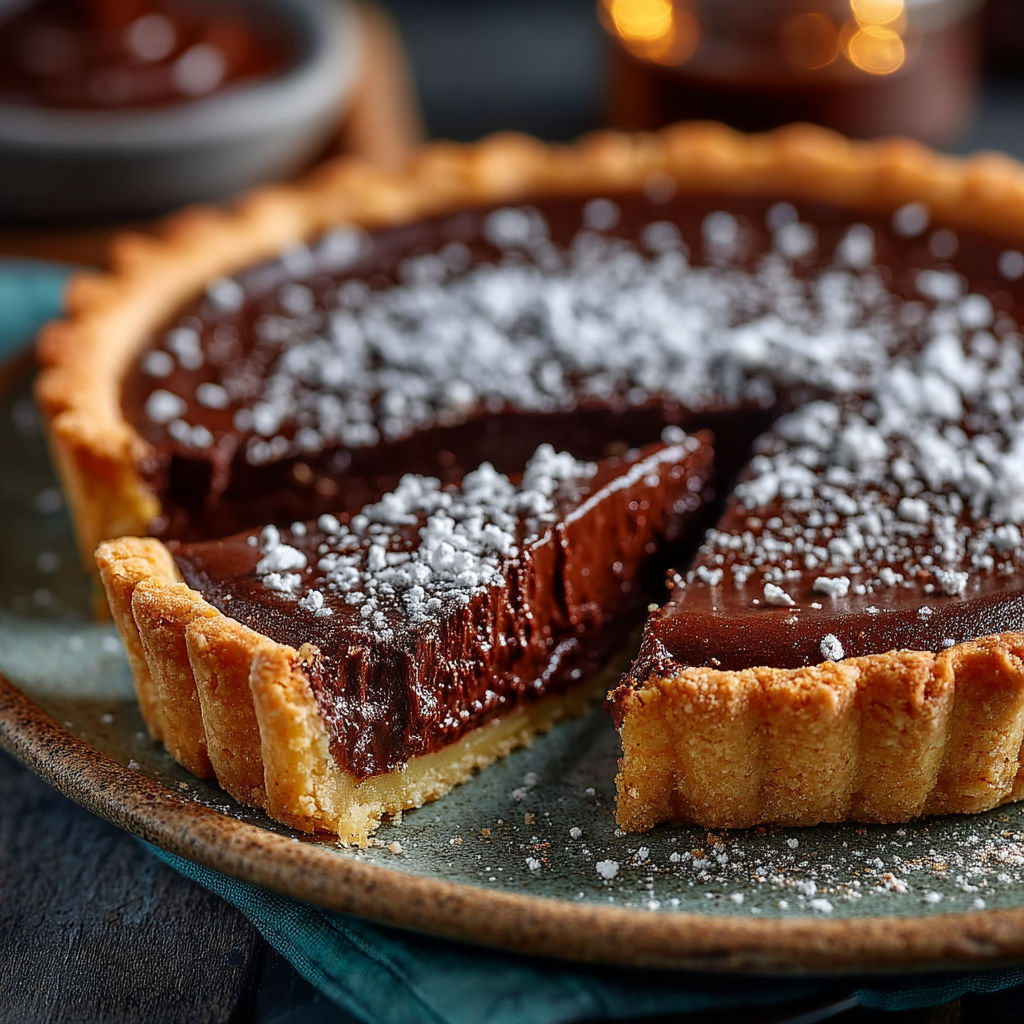 Une tarte chocolat avec des flocons de sucre.