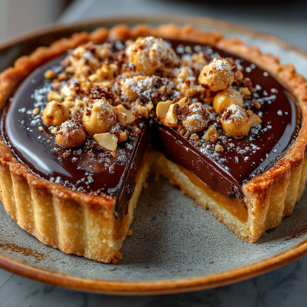 Une tarte au chocolat, noisettes et caramel, sans œufs.