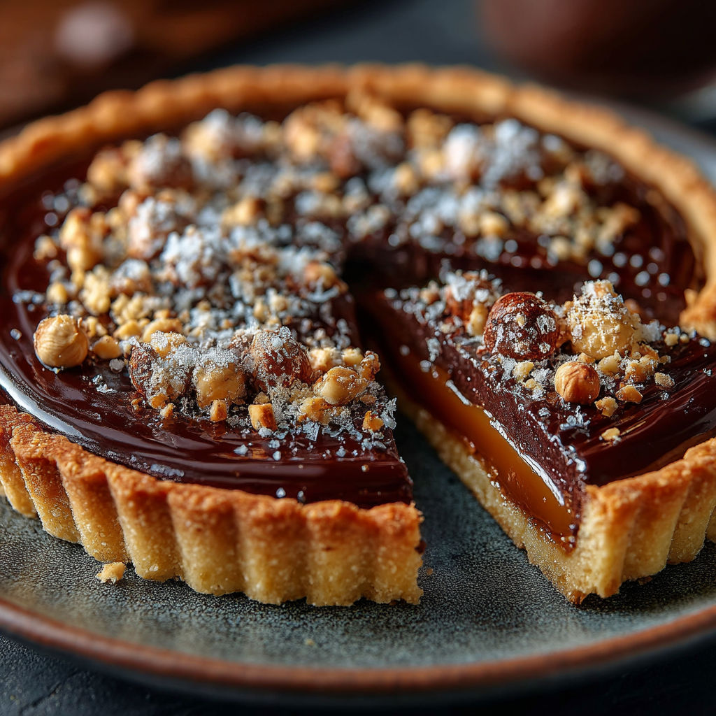 Une tarte au chocolat avec des noix et des graines de café.