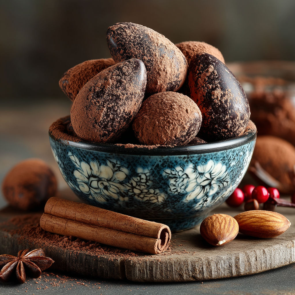 Un bol contenant des noix, des graines de cinnamon et des chocolats.