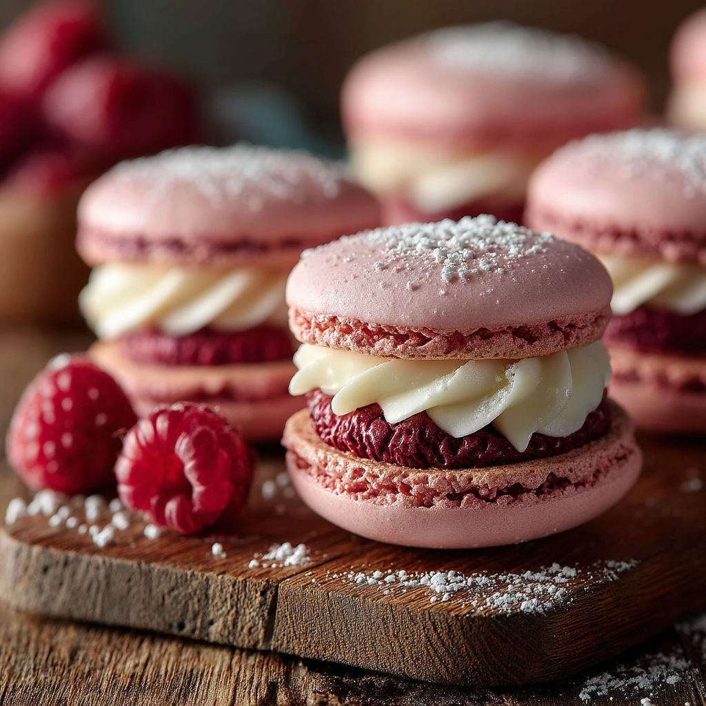 Desserts with white frosting and red raspberries.