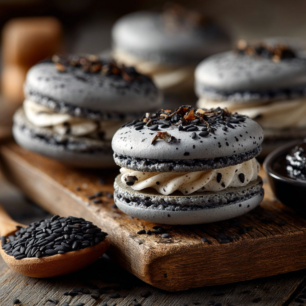 Macarons au sésame noir.