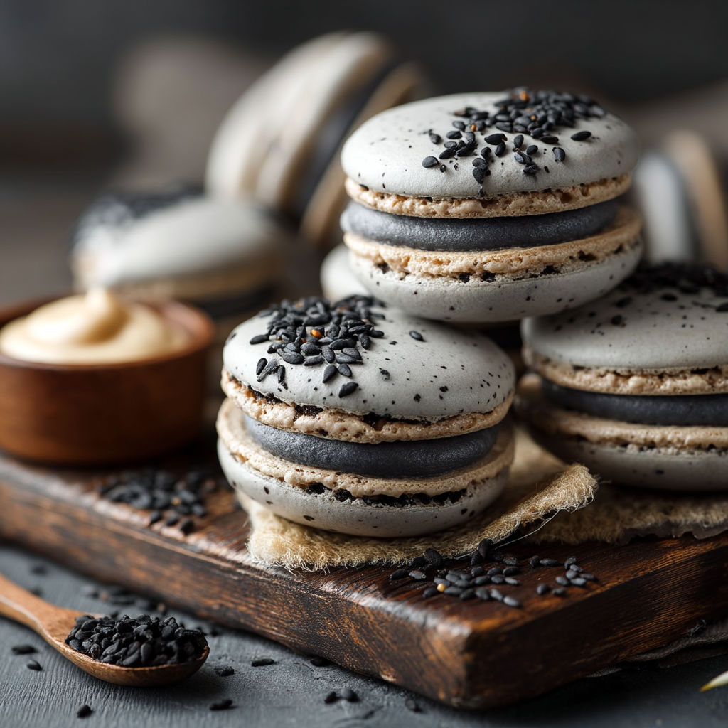 Un dessert en forme de macaron avec des graines de café.