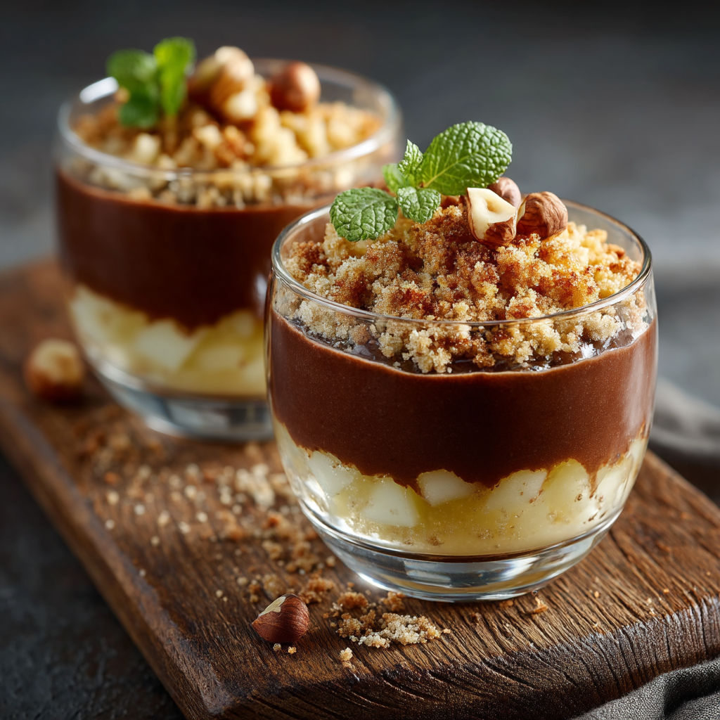 Une assiette de crumble Danette chocolat poires noisettes.