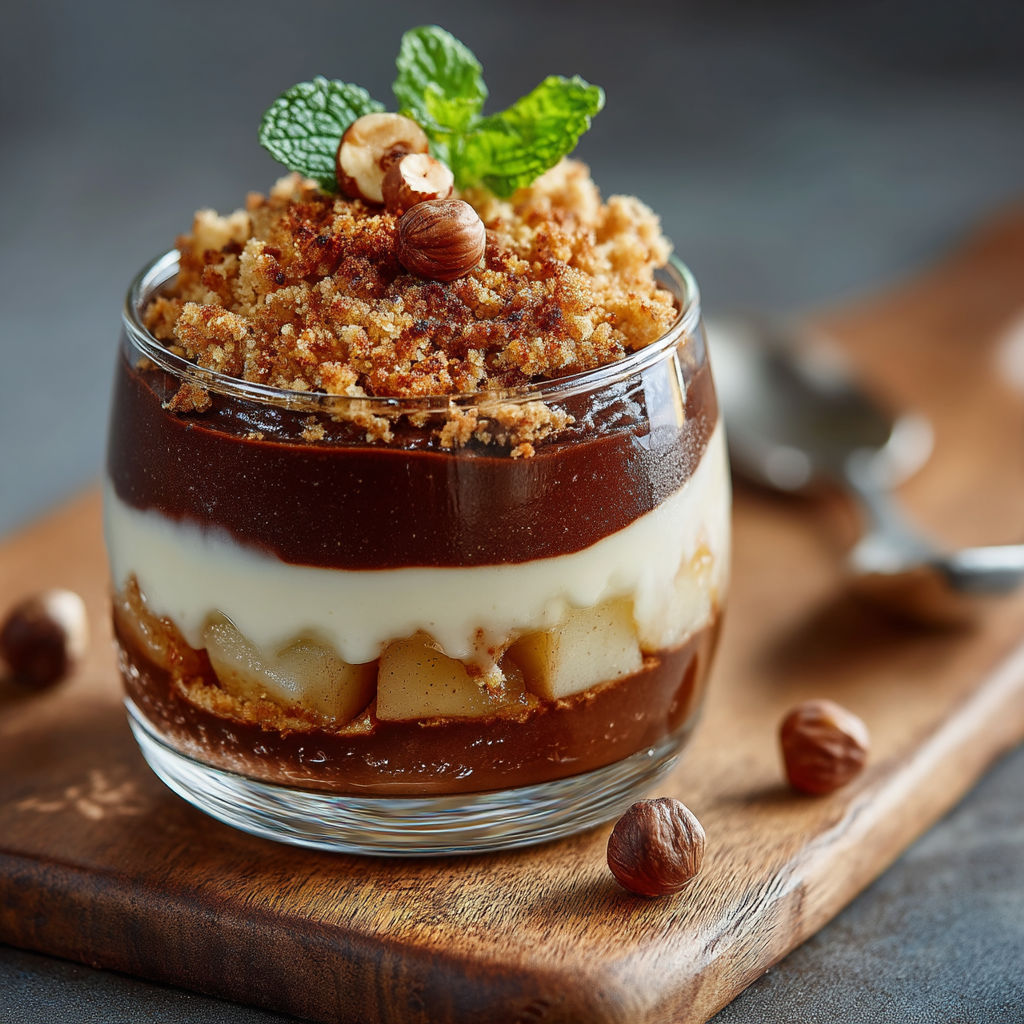 Une portion de dessert chocolat avec des noix et des herbes.