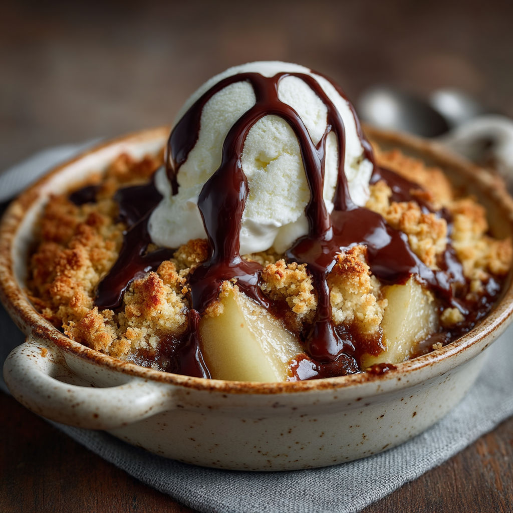 Une tarte aux pommes avec une sauce chocolat.