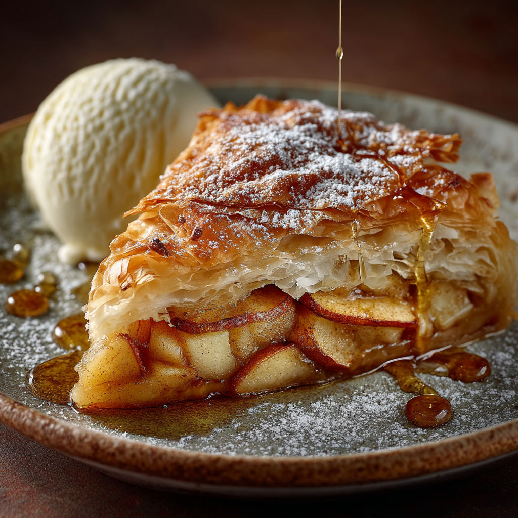 Une tarte aux pommes avec une sauce chocolat sur un plateau.