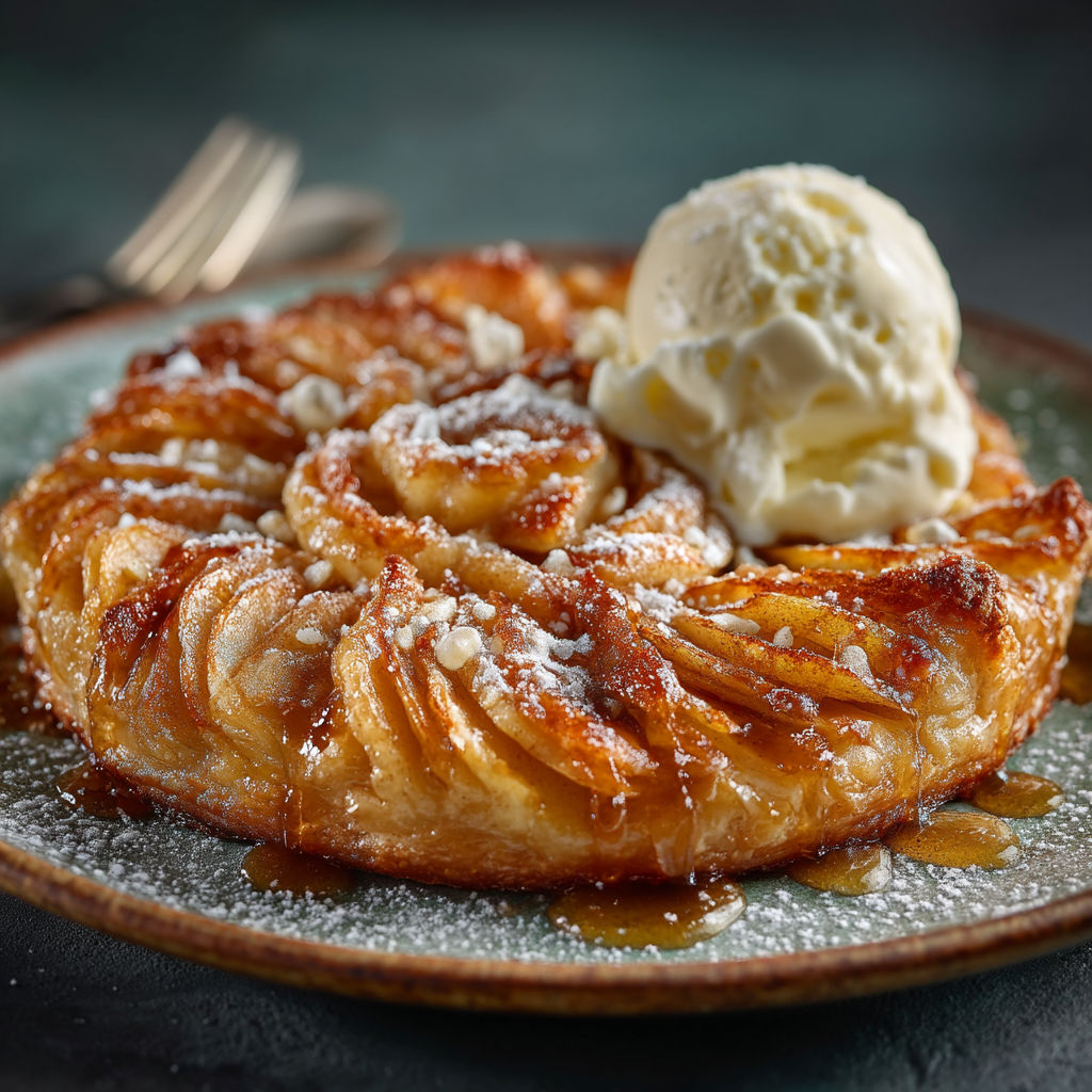 Une tarte aux pommes avec une glace sur le dessus.