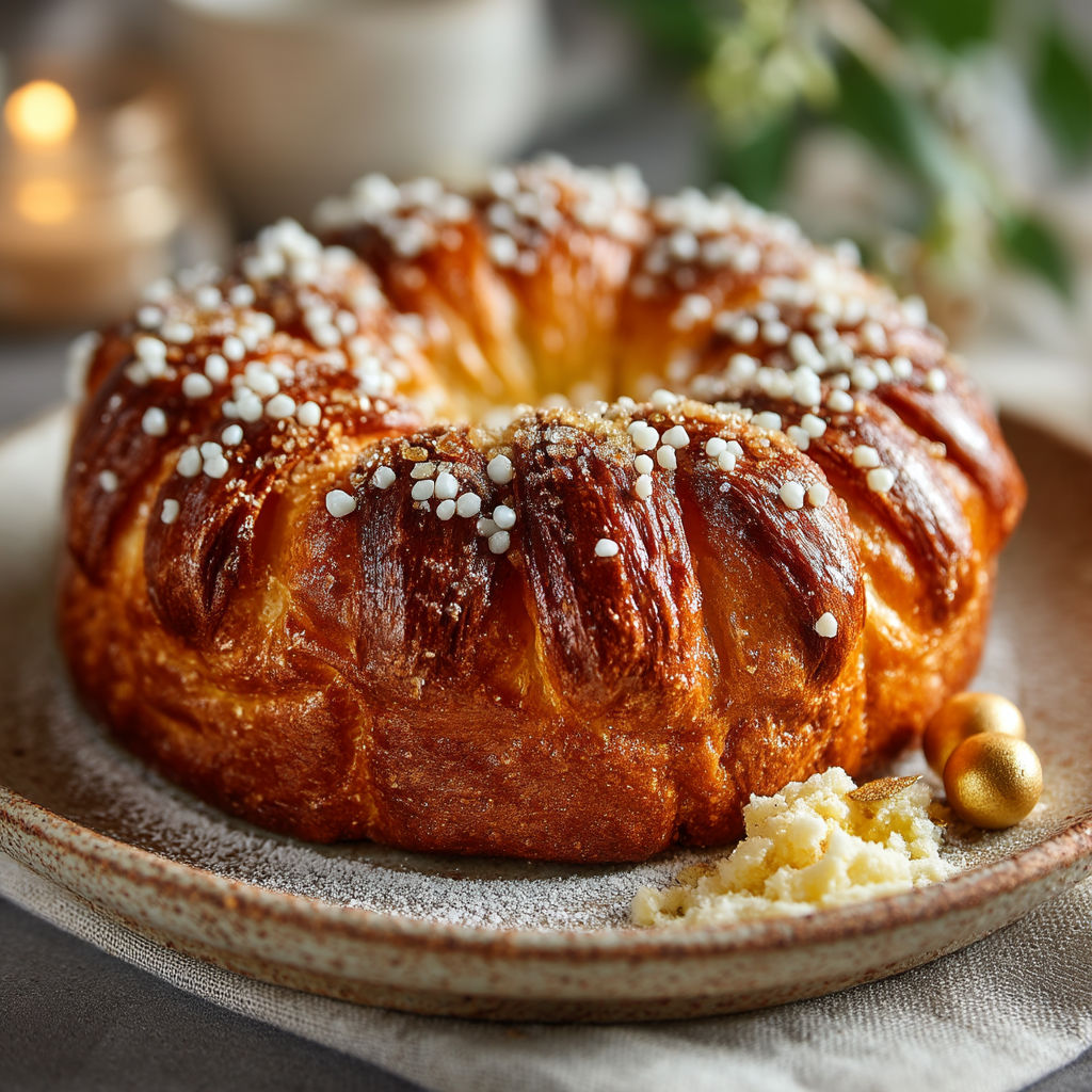 Une brioche des rois provençale moelleuse et dorée.