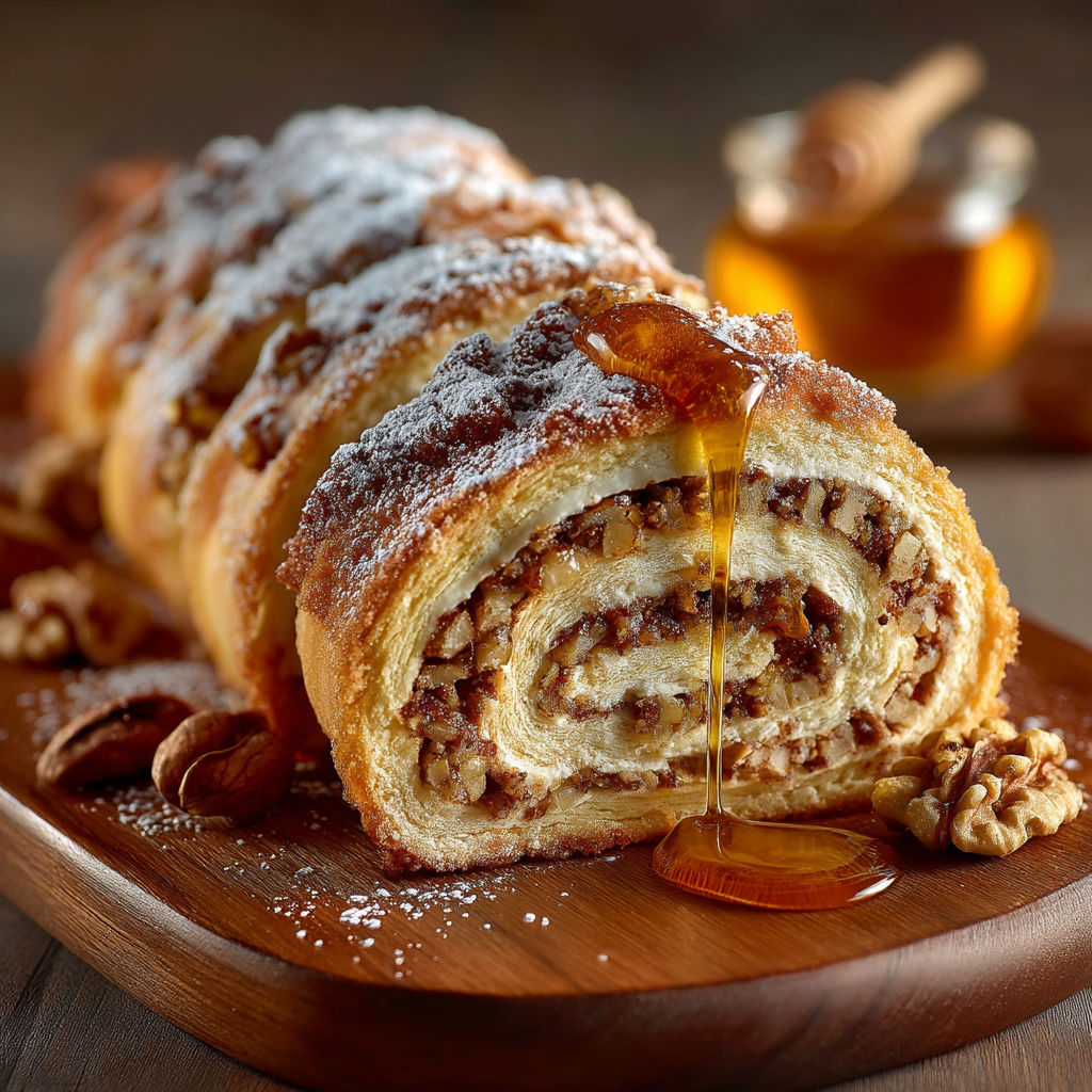 Un délicieux gâteau de riz enroulé avec du sucre et des noix.