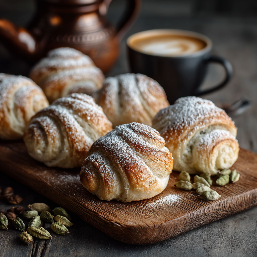 Une tasse de café et des croissants.