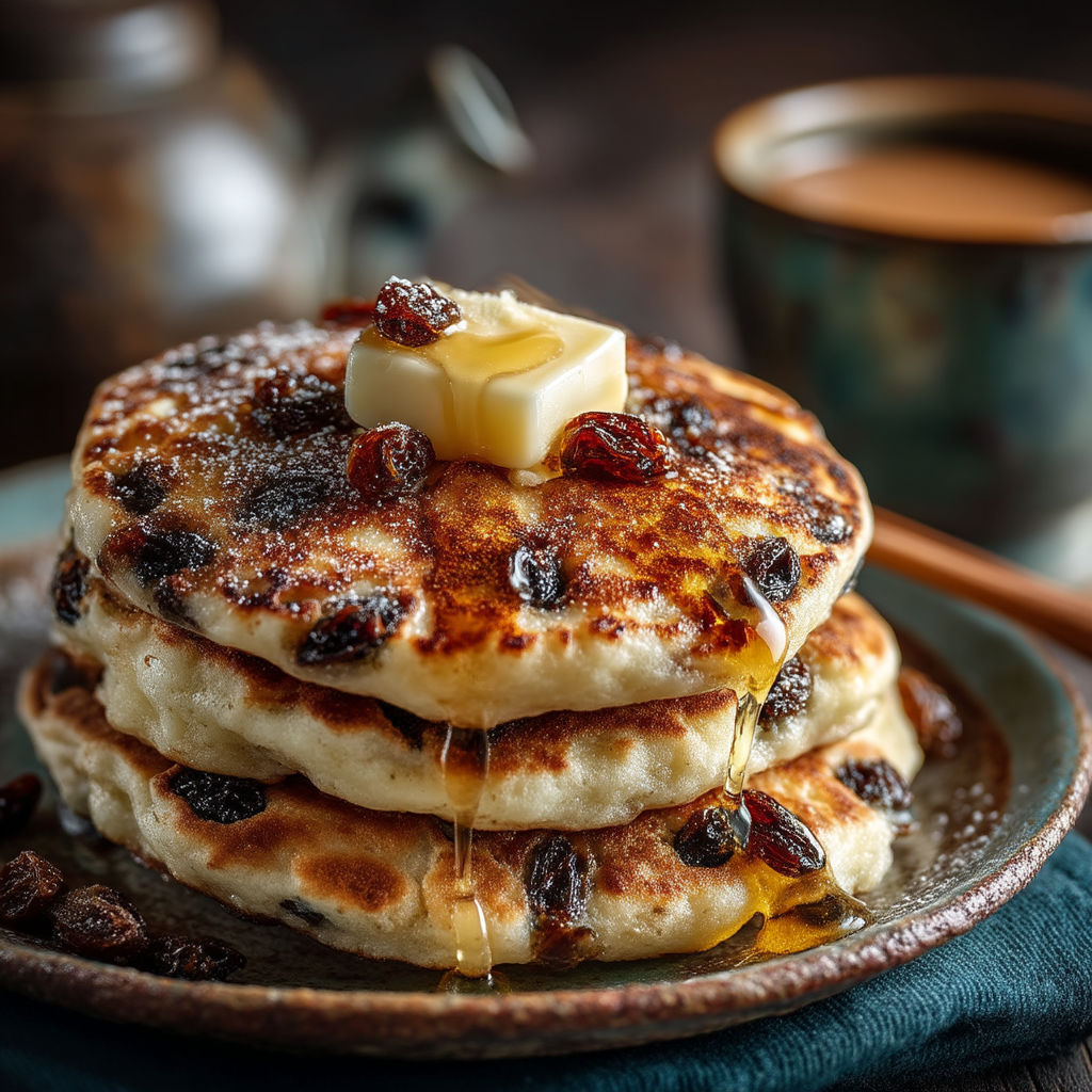 Pancakes with butter and raisins.