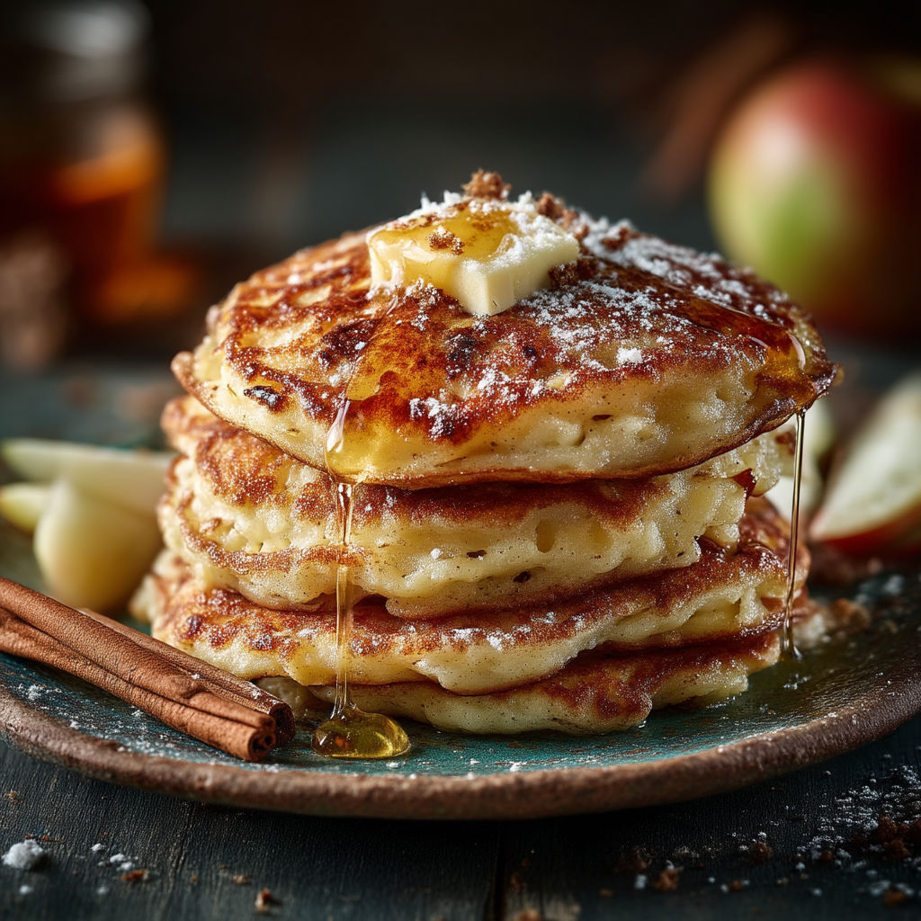 Pancakes with butter and syrup on a plate.