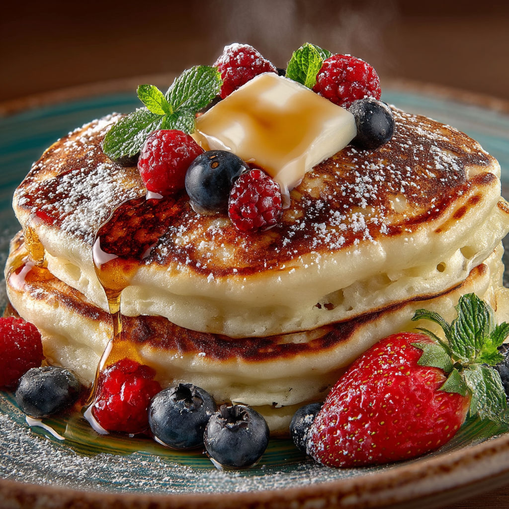 Un plat de pancakes avec des fraises et des baies.