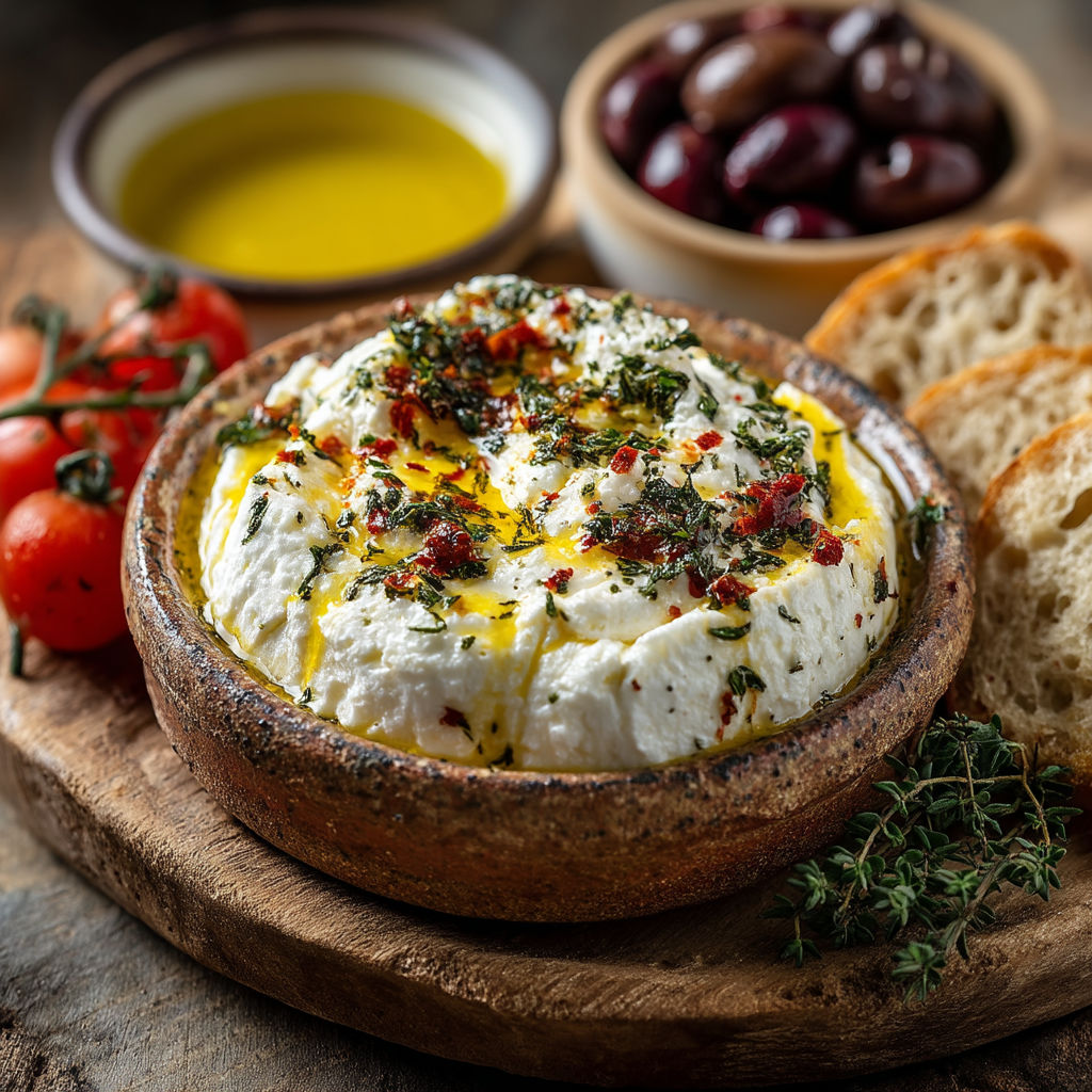 Une assiette de tyrozouli maison, un fromage frais crétois, est servie avec des olives et du pain.