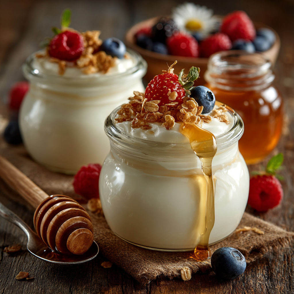 Yaourts maison avec des fruits frais.
