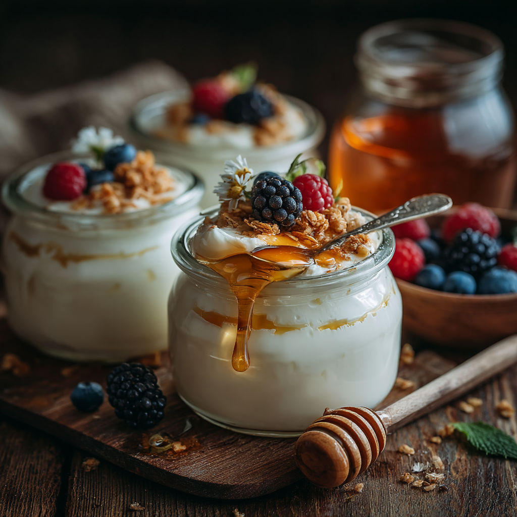 Un dessert en verre avec des baies et du miel.