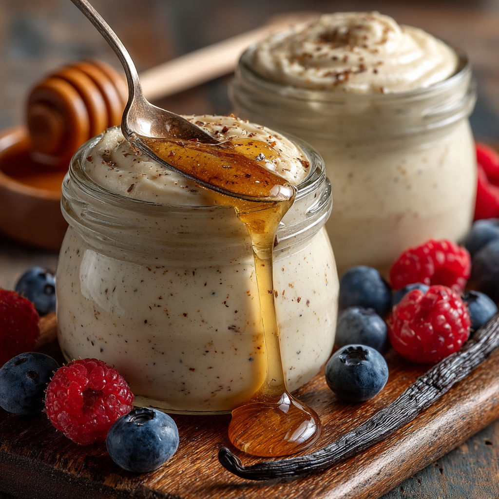 Un dessert en verre avec du miel et des baies.