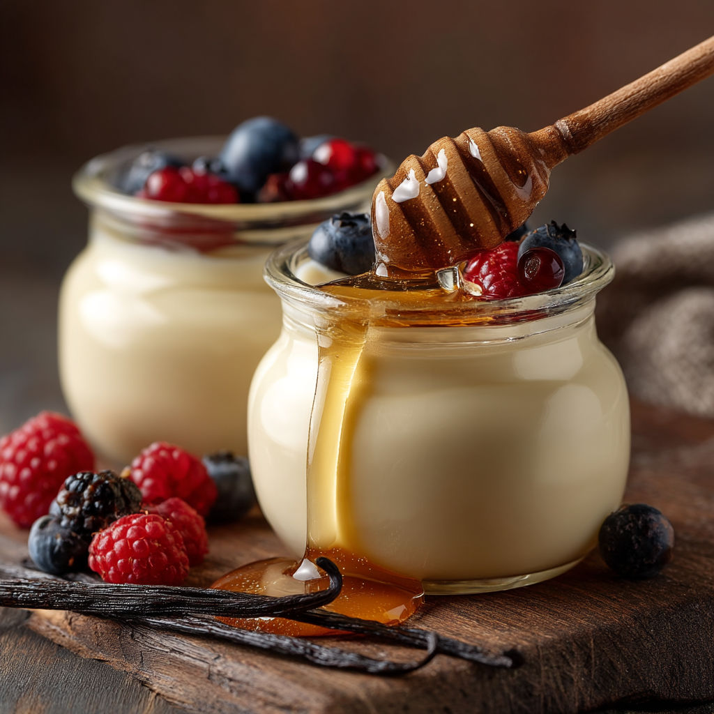 Desserts with berries and honey.