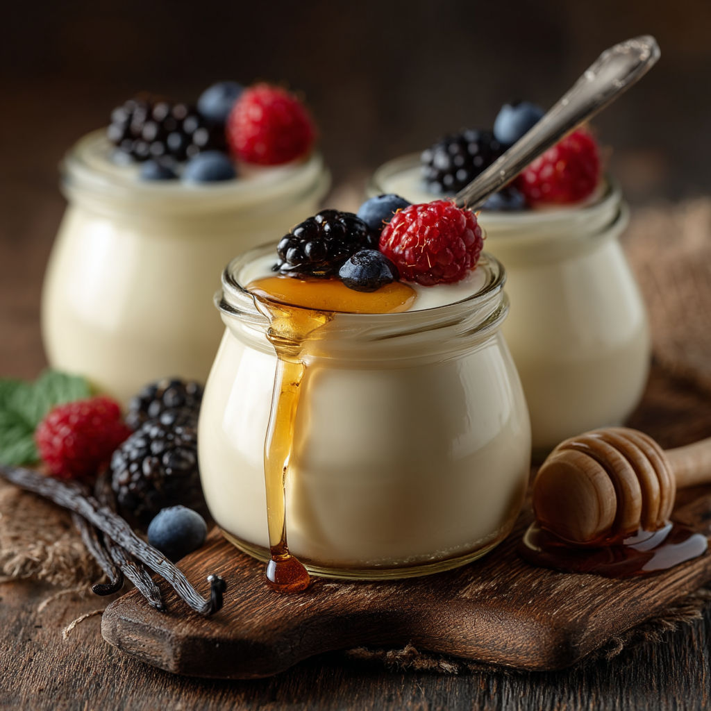 Desserts in jars with berries and honey.