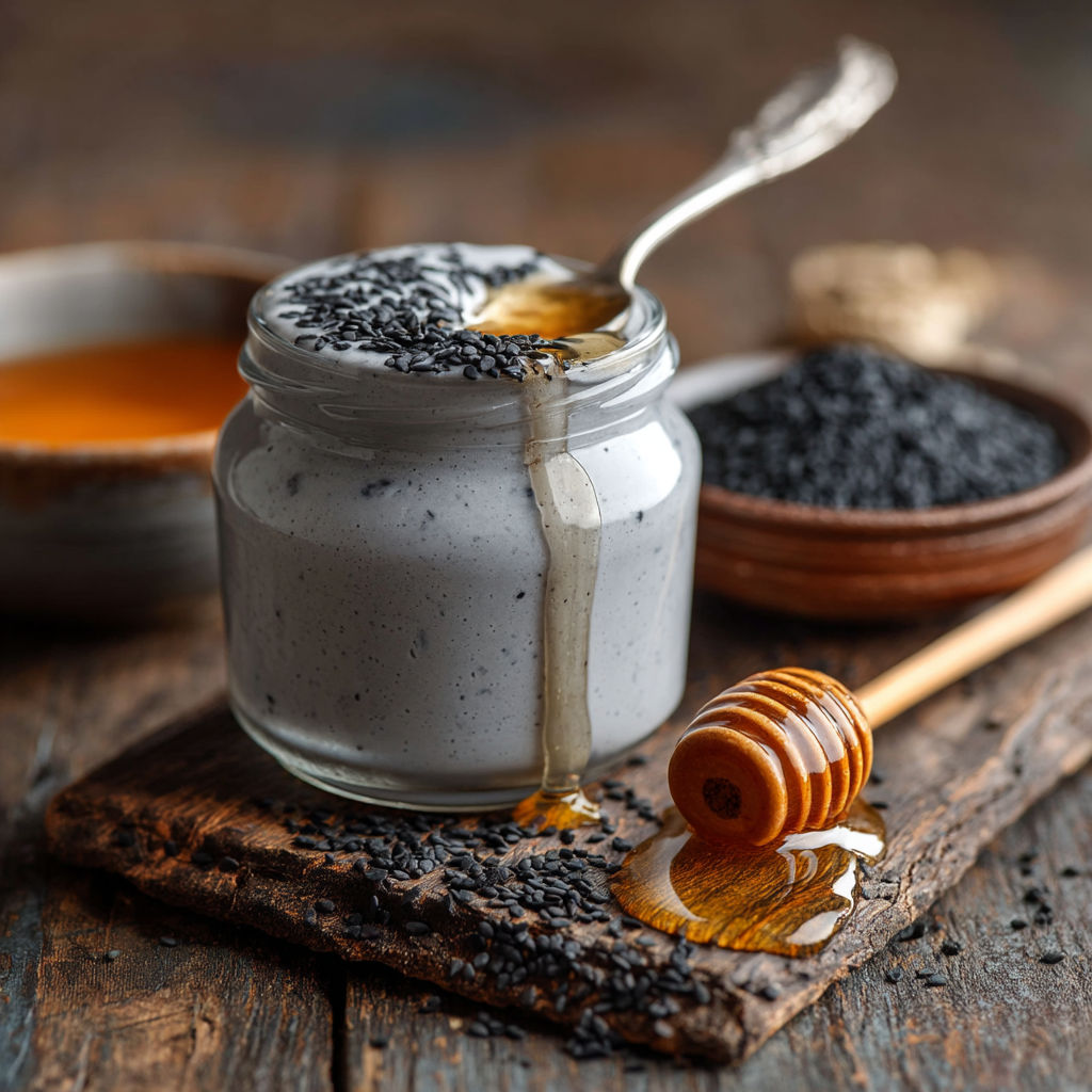 Une jarre contenant du miel et des graines de chocolat.