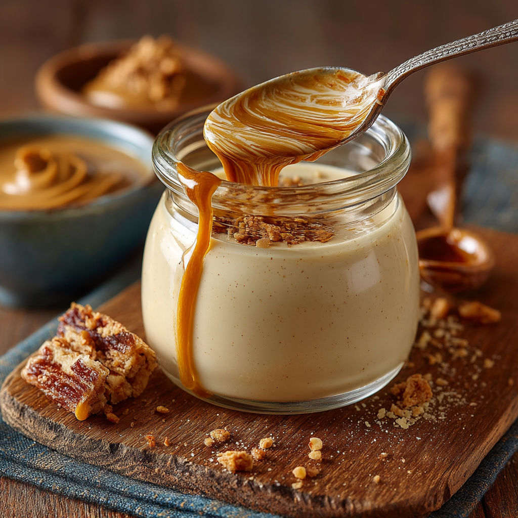 Une cuillère de caramel est dans une jarre de beurre.