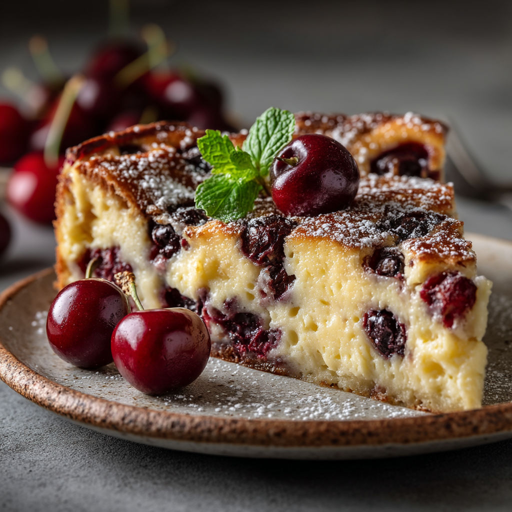Une portion de clafoutis aux cerises au lait de soja.