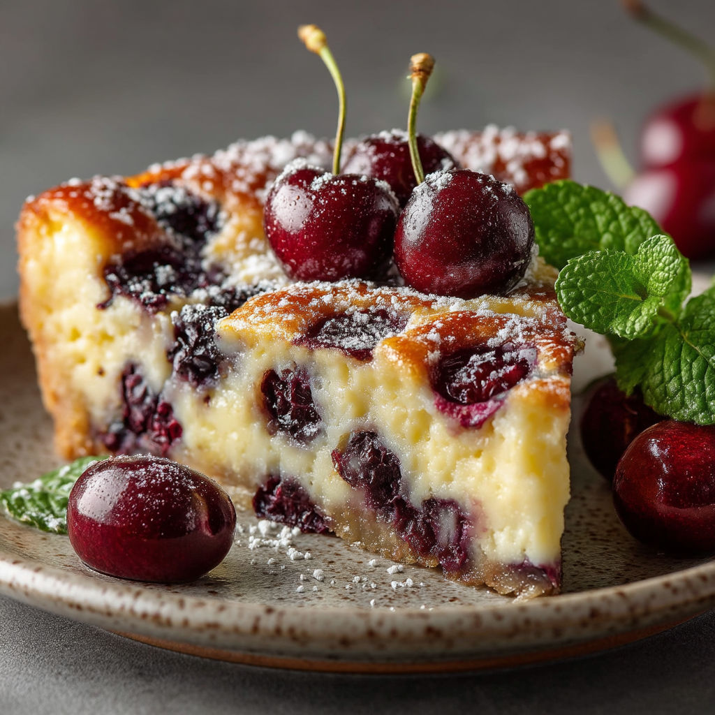 Une tarte aux cerises avec des cerises sur le dessus.