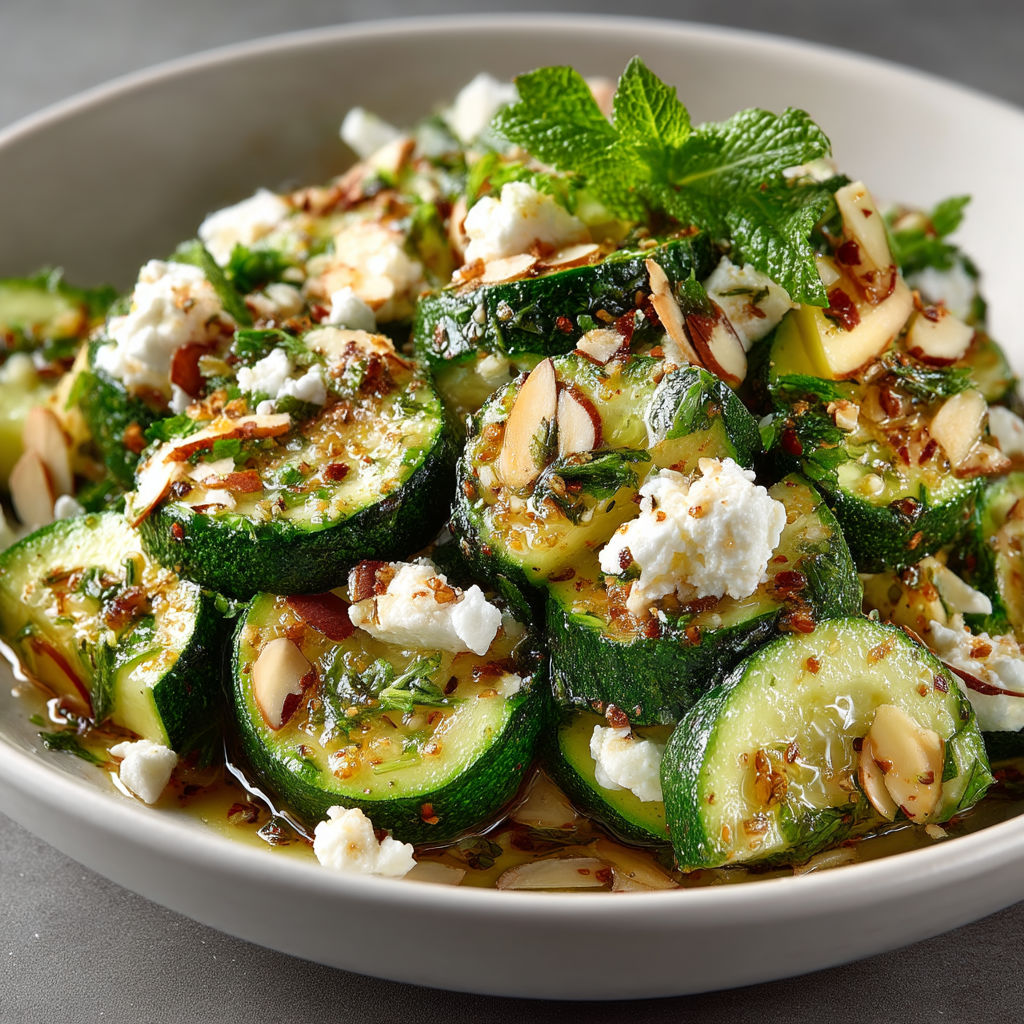 Un plat de courgettes avec des amandes et de la menthe.