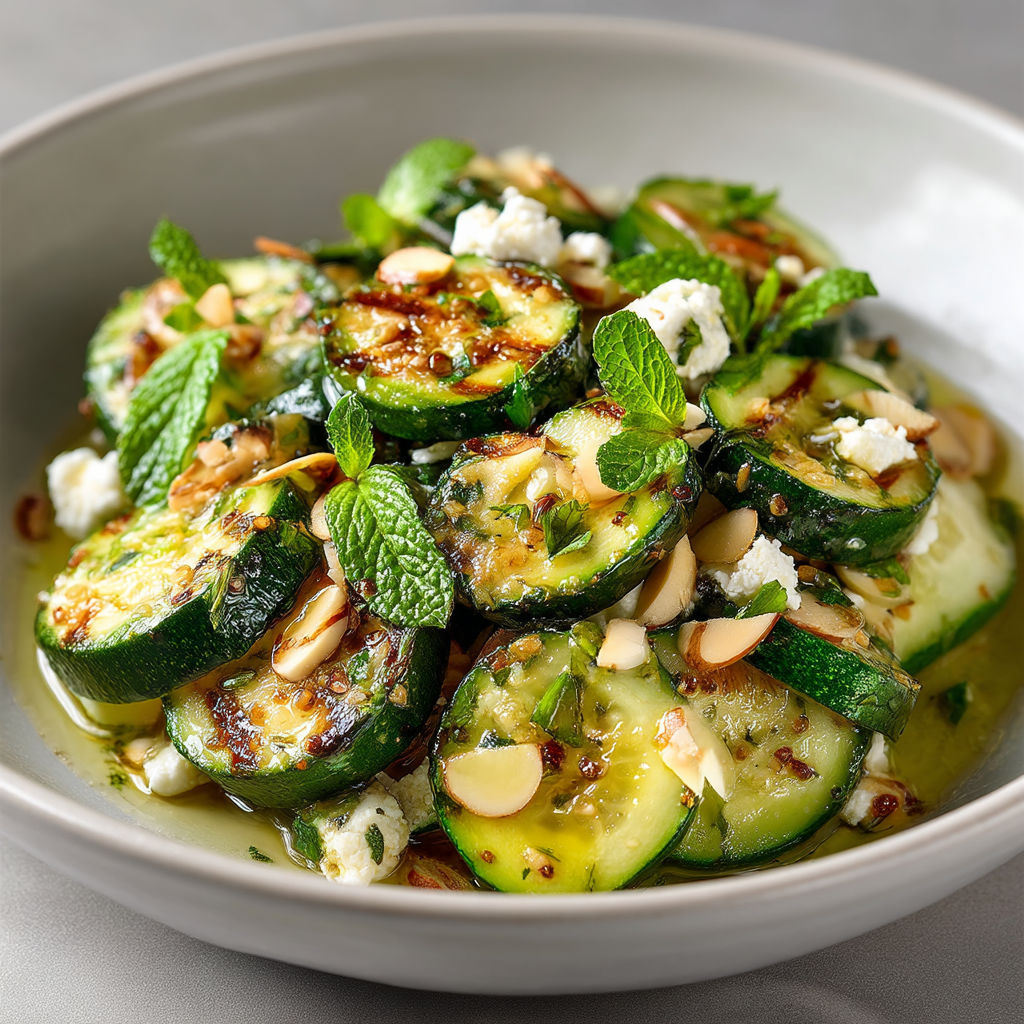 Une assiette de courgettes grillées avec des amandes et de la menthe.
